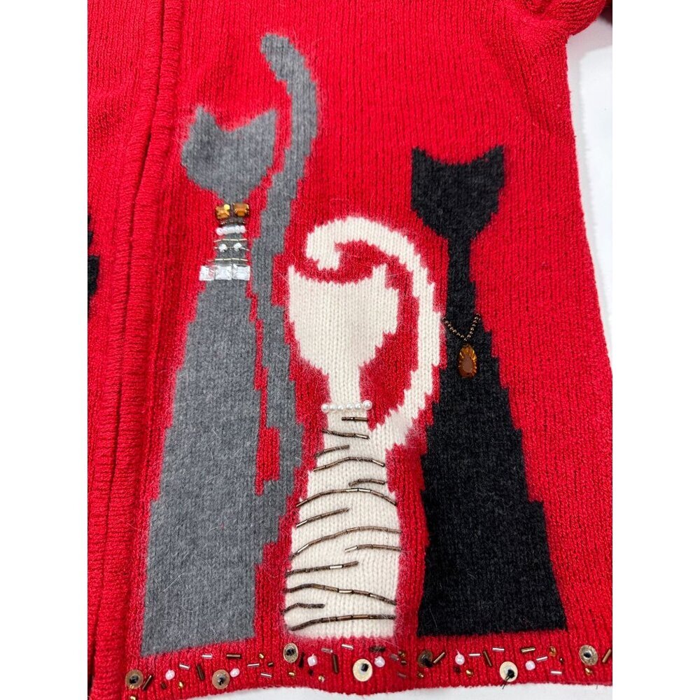 Coldwater‎ Creek Red Bejeweled Cats Kitchy Zip Sweater Jacket Size L - Picture 14 of 16